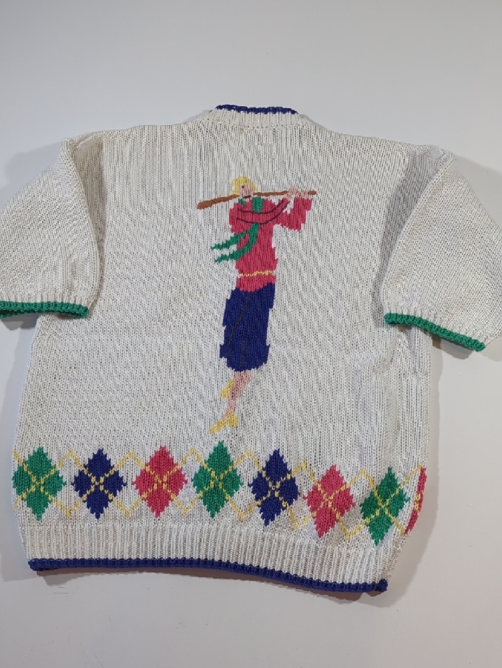 Vintage Cape Isle Knitters Baseball White Multicolor Argyle Knit Cardigan Large - Picture 8 of 13